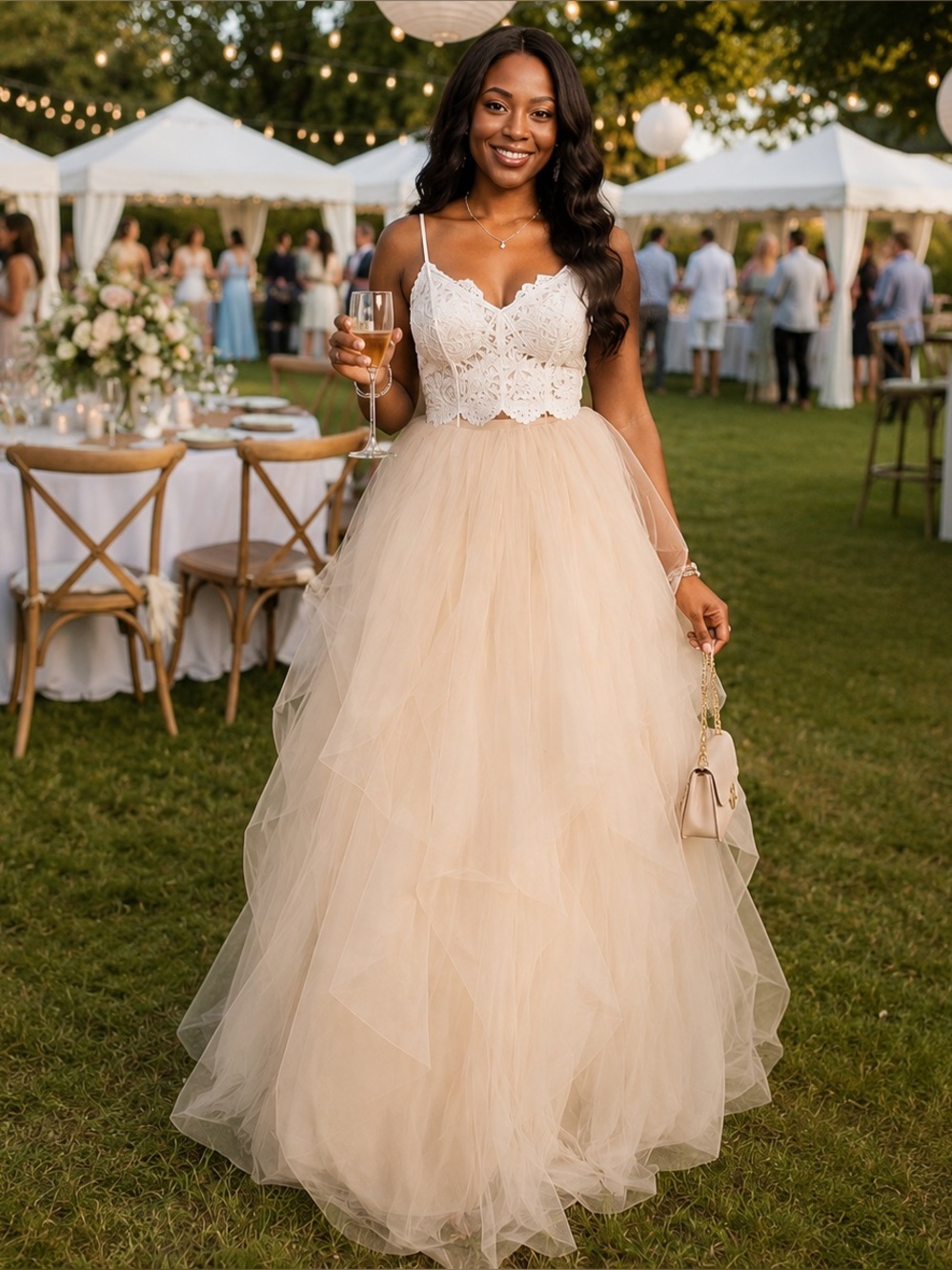 Cream tulle floor-length skirt